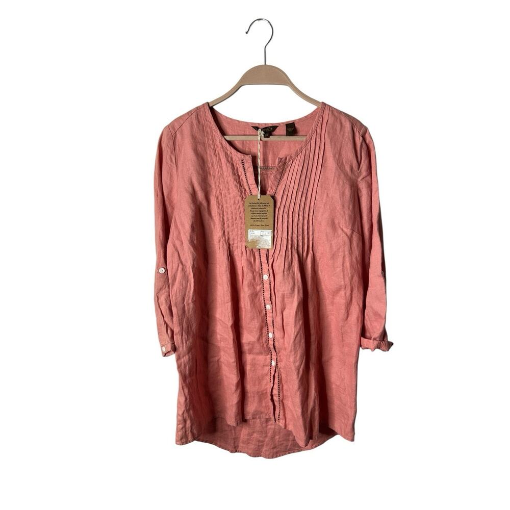 La Naturelle Pure Linen‎ Pop Over Shirt Size XS Salmon Pink Roll Tab Sleeves